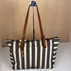 Fossil Black White Striped Canvas Leather Tote Shoulder Bag Zip Top